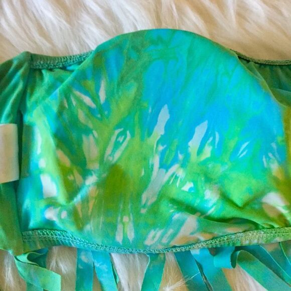 Lucky Brand M Summer Time Tie Dye Fringe Bandeau Bikini Top Swimsuit Green Boho - Picture 8 of 10